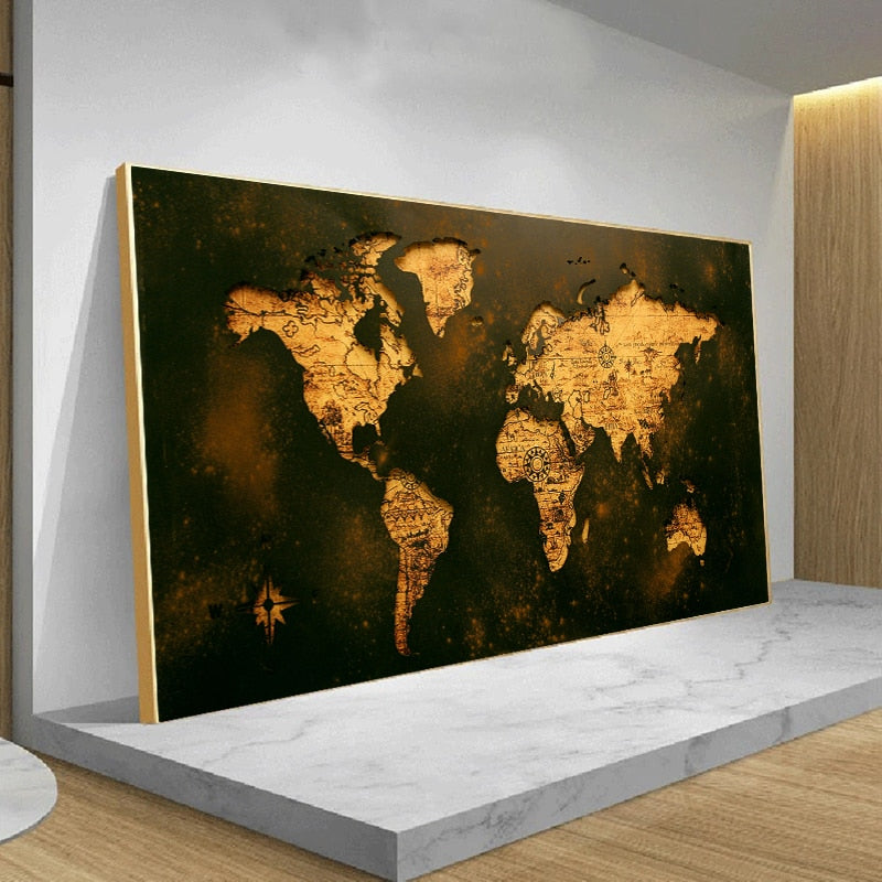 World Map Canvas Dark Academia