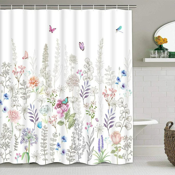 Feblilac Colorful Flower Garden and Butterfly Shower Curtain with Hooks, Bloom Floral Bathroom Curtains with Ring, Unique Bathroom décor, Boho Shower Curtain, Customized Bathroom Curtains, Extra Long Shower Curtain
