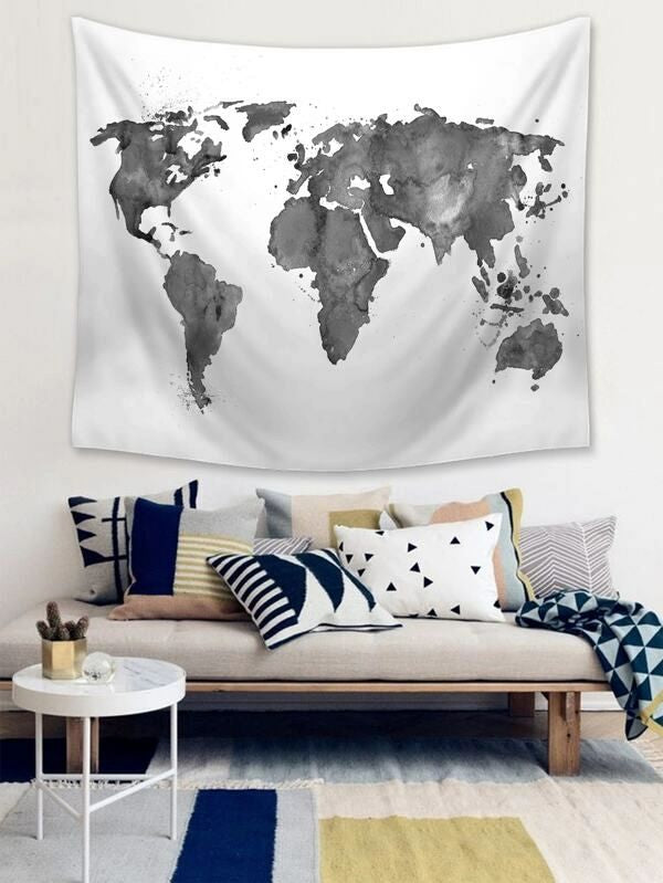 Black & White World Map Print Tapestry