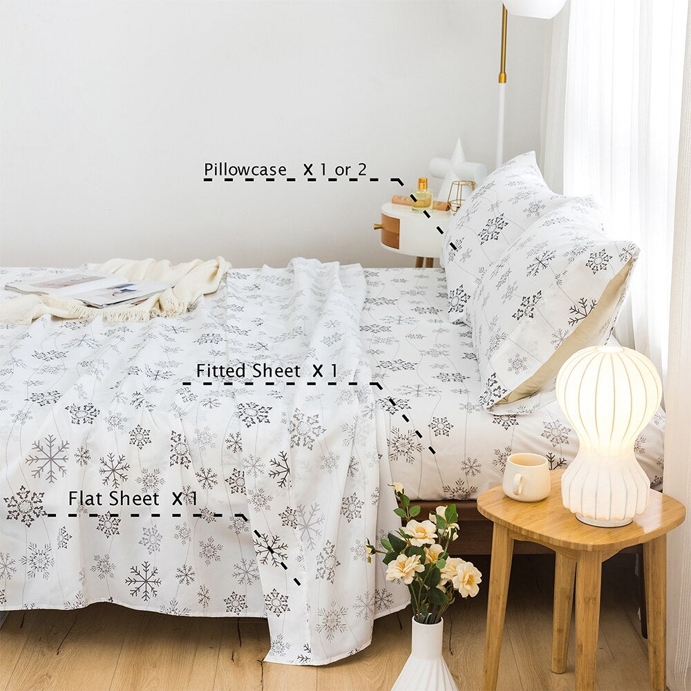 King Size Sheets Set Fitted Sheet Flat Sheets Pillowcase Sets 4Pcs Snowflake Print Linens Matress Covers Bedding Set