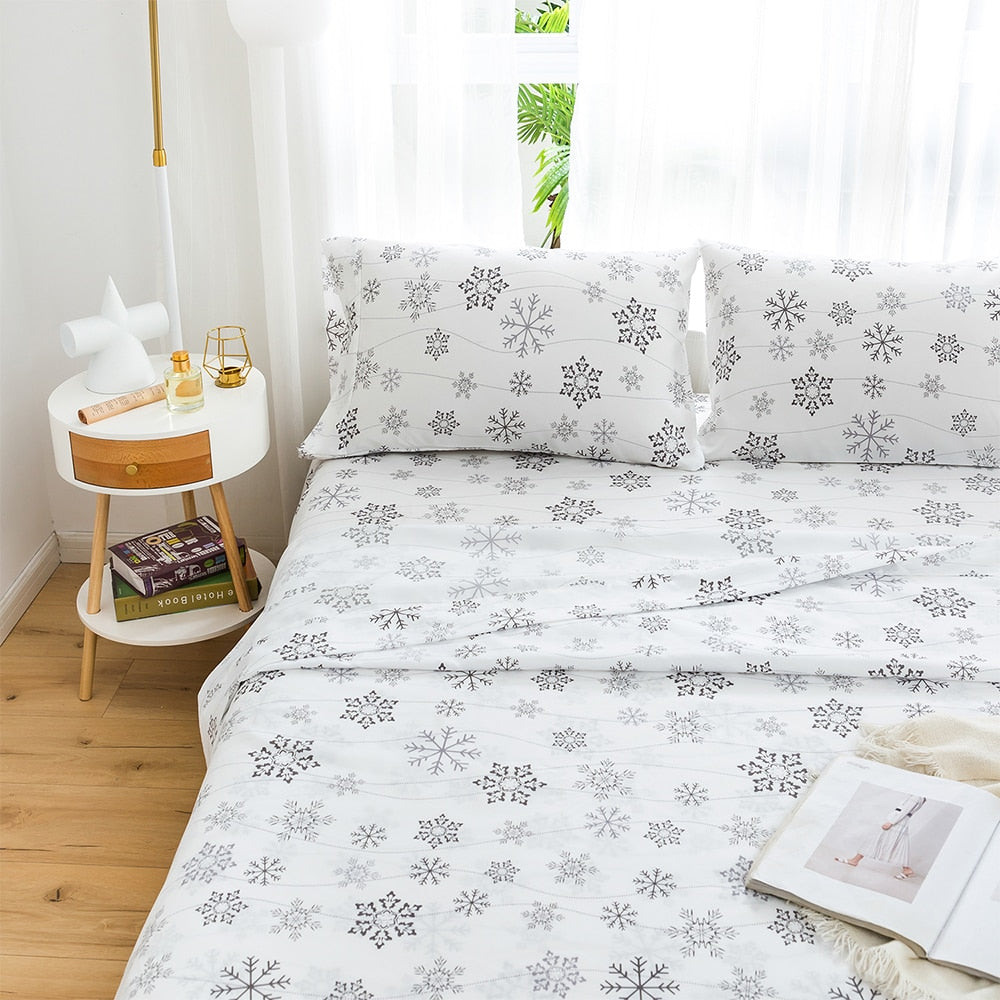 King Size Sheets Set Fitted Sheet Flat Sheets Pillowcase Sets 4Pcs Snowflake Print Linens Matress Covers Bedding Set