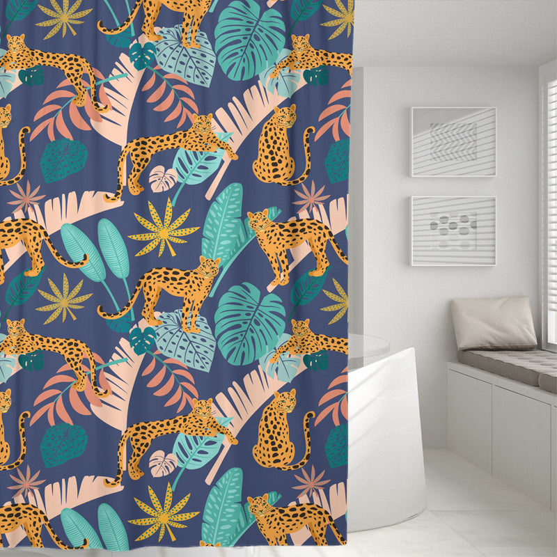 Feblilac Leopards and leaves Art Animal Shower Curtain with Hooks, Animal Bathroom Curtains with Ring, Unique Bathroom décor, Boho Shower Curtain, Customized Bathroom Curtains, Extra Long Shower Curtain