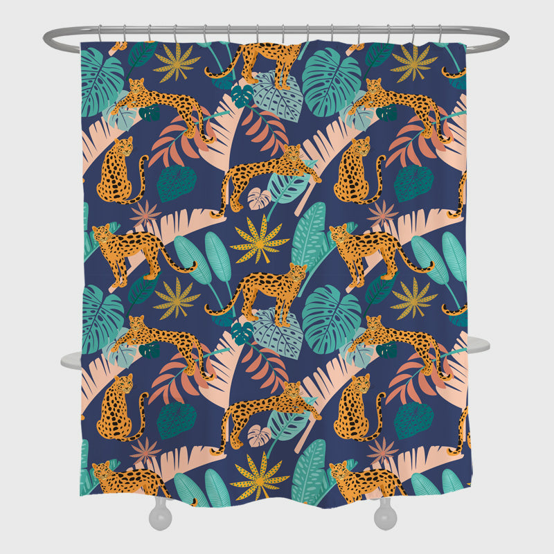 Feblilac Leopards and leaves Art Animal Shower Curtain with Hooks, Animal Bathroom Curtains with Ring, Unique Bathroom décor, Boho Shower Curtain, Customized Bathroom Curtains, Extra Long Shower Curtain