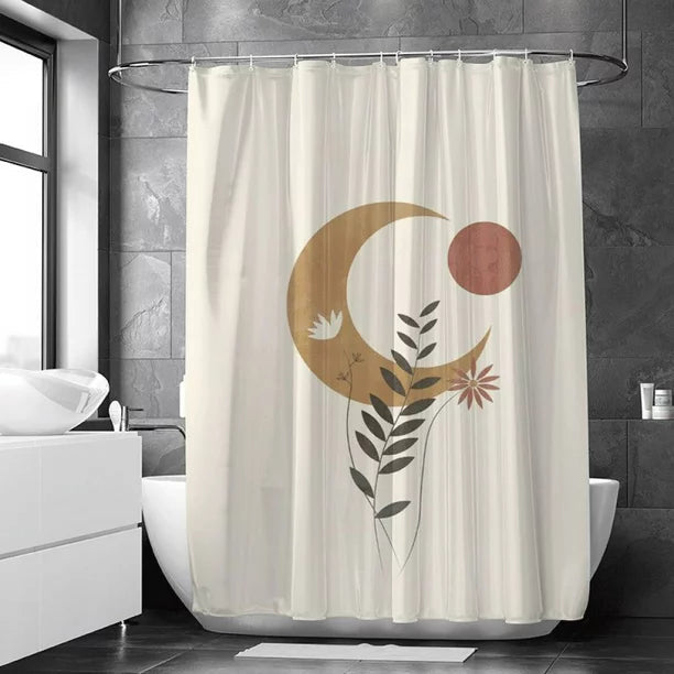 Feblilac Sun Moon Floral Shower Curtain with Hooks, Geometric Figure Bathroom Curtains with Ring, Unique Bathroom décor, Boho Shower Curtain, Customized Bathroom Curtains, Extra Long Shower Curtain