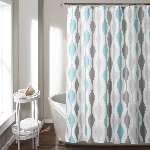 Feblilac Blue and Grey Wave Geometric Shower Curtain with Hooks, Geometric Figure Bathroom Curtains with Ring, Unique Bathroom décor, Boho Shower Curtain, Customized Bathroom Curtains, Extra Long Shower Curtain