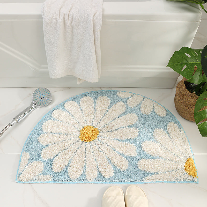 Feblilac Semicircle Grey Daisy Bath Mat, Flower Blue Daisy Bathroom Rug, Soft Plush Water-Absorbent Multiple Size Floral Anti Slip Toilet Mat, Soft Thick Bathroom Carpet, Art Bathroom Mats, Best Bath Rugs, Hot Shower Mat Non Slip, Toilet Rug