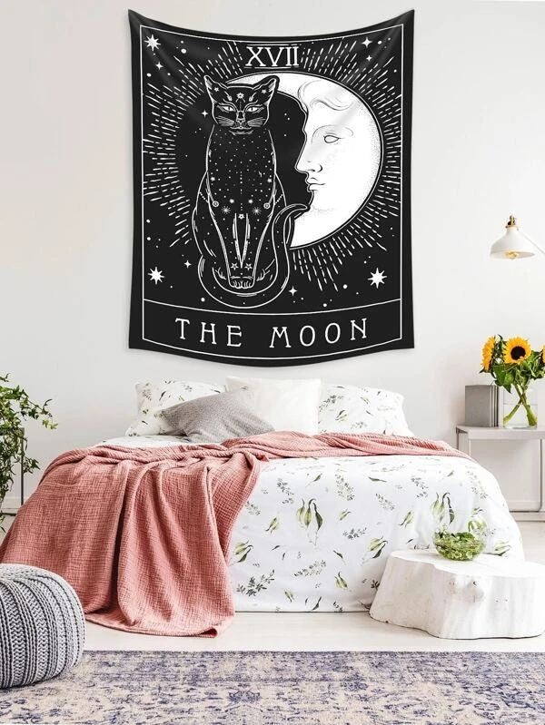 Abstract Moon & Cat Pattern Tapestry