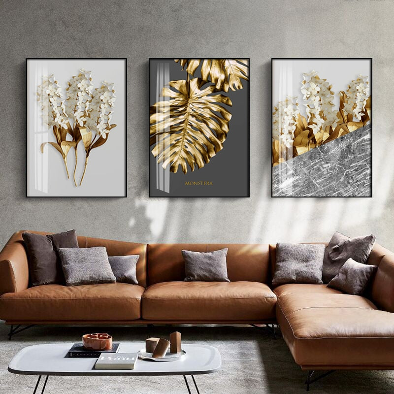 Golden abstract leaf flower Wall Art for Living Room Decor