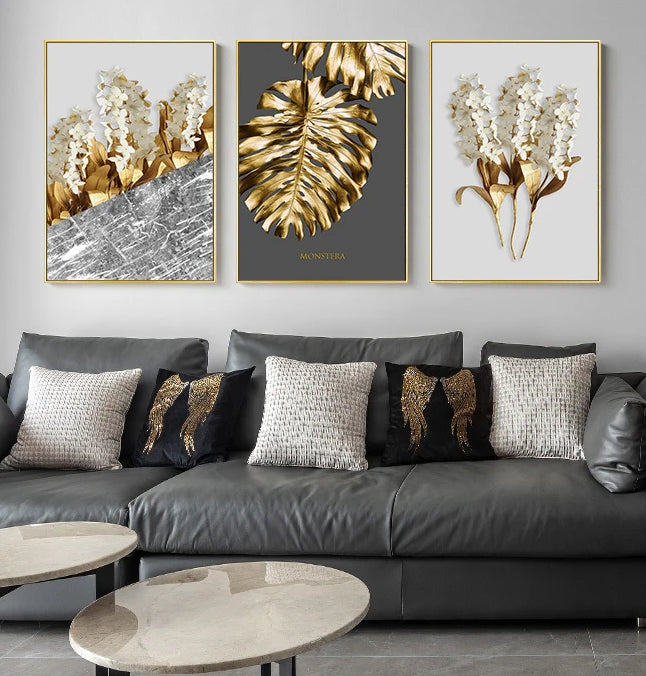 Golden abstract leaf flower Wall Art for Living Room Decor