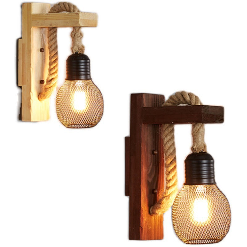 Antique Wooden Retro Wall Lamp with Mesh Shade