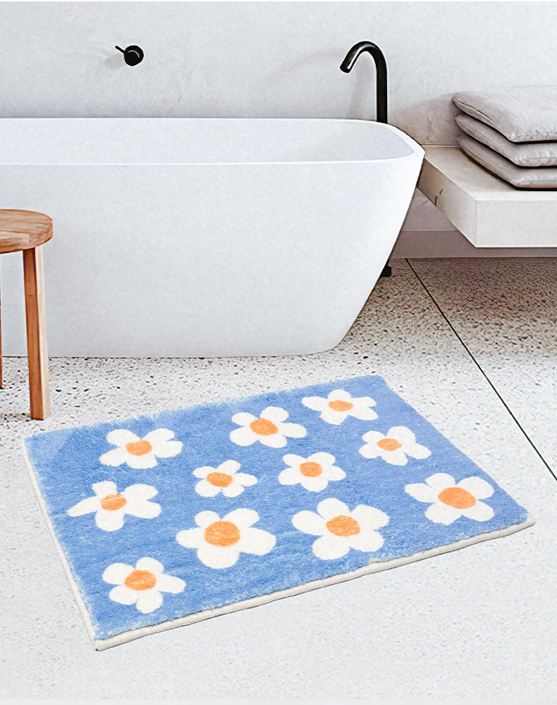 White Flower with Blue Ground Bath Mat