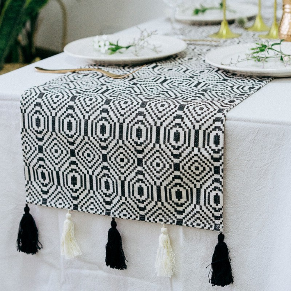 Moshe Geometric Black and White Table Runner