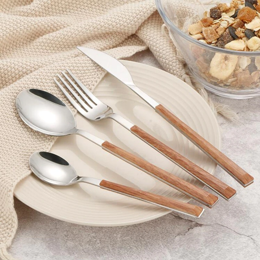 Modernistic Wood Silver Dinnerware Set