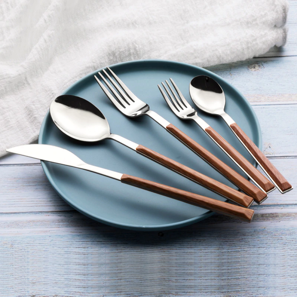 Modernistic Wood Silver Dinnerware Set