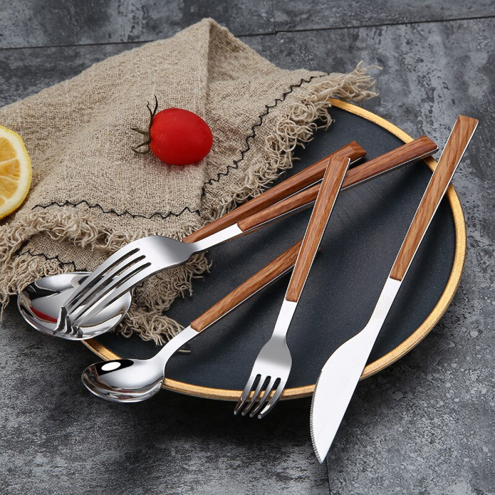 Modernistic Wood Silver Dinnerware Set