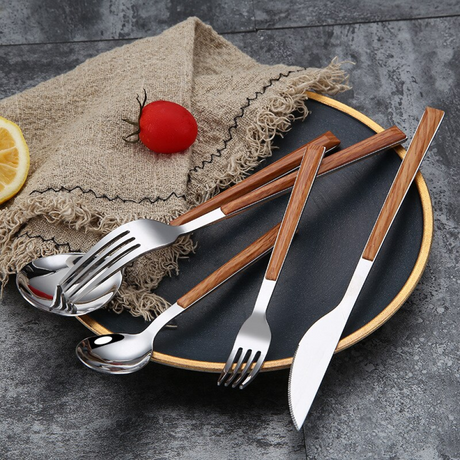Modernistic Wood Silver Dinnerware Set
