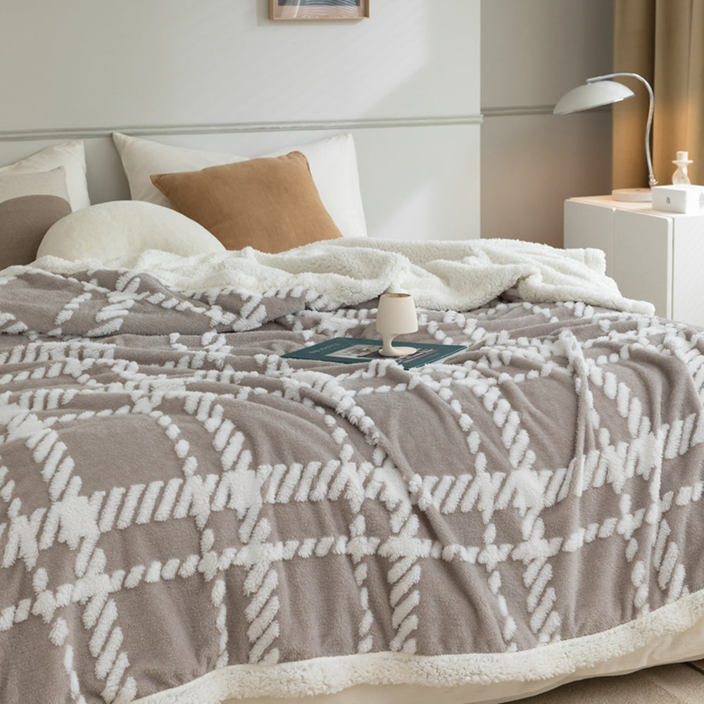 Grey Plaid Fluffy Fleece Blanket