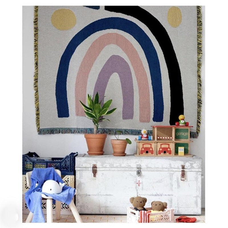 Rainbow Throw Blanket with Fringe Abstract Geometric Pattern Sofa Decorative Hanging Tapestry Blankets Rug Home Decor