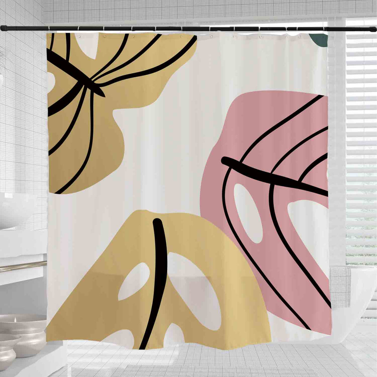 Feblilac Abstract Pink and Yellow Leaves Shower Curtain with Hooks, Floral Bathroom Curtains with Ring, Unique Bathroom décor, Boho Shower Curtain, Customized Bathroom Curtains, Extra Long Shower Curtain