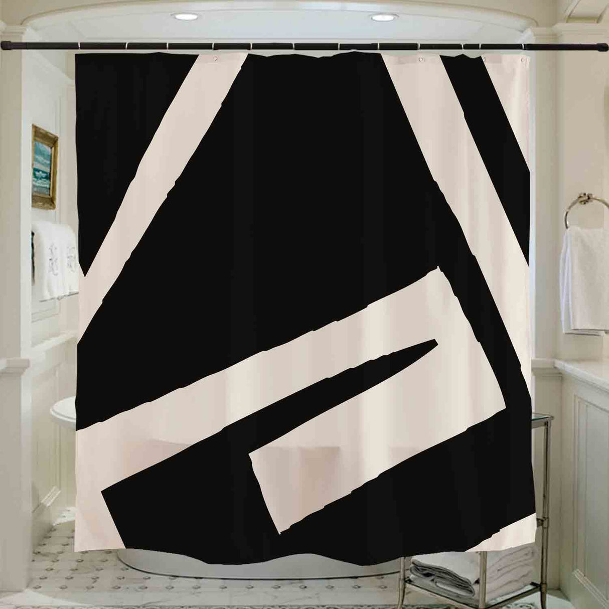Feblilac Abstract Black and White Lines and color blocks Shower Curtain with Hooks, Bathroom Curtains with Ring, Unique Bathroom décor, Boho Shower Curtain, Customized Bathroom Curtains, Extra Long Shower Curtain