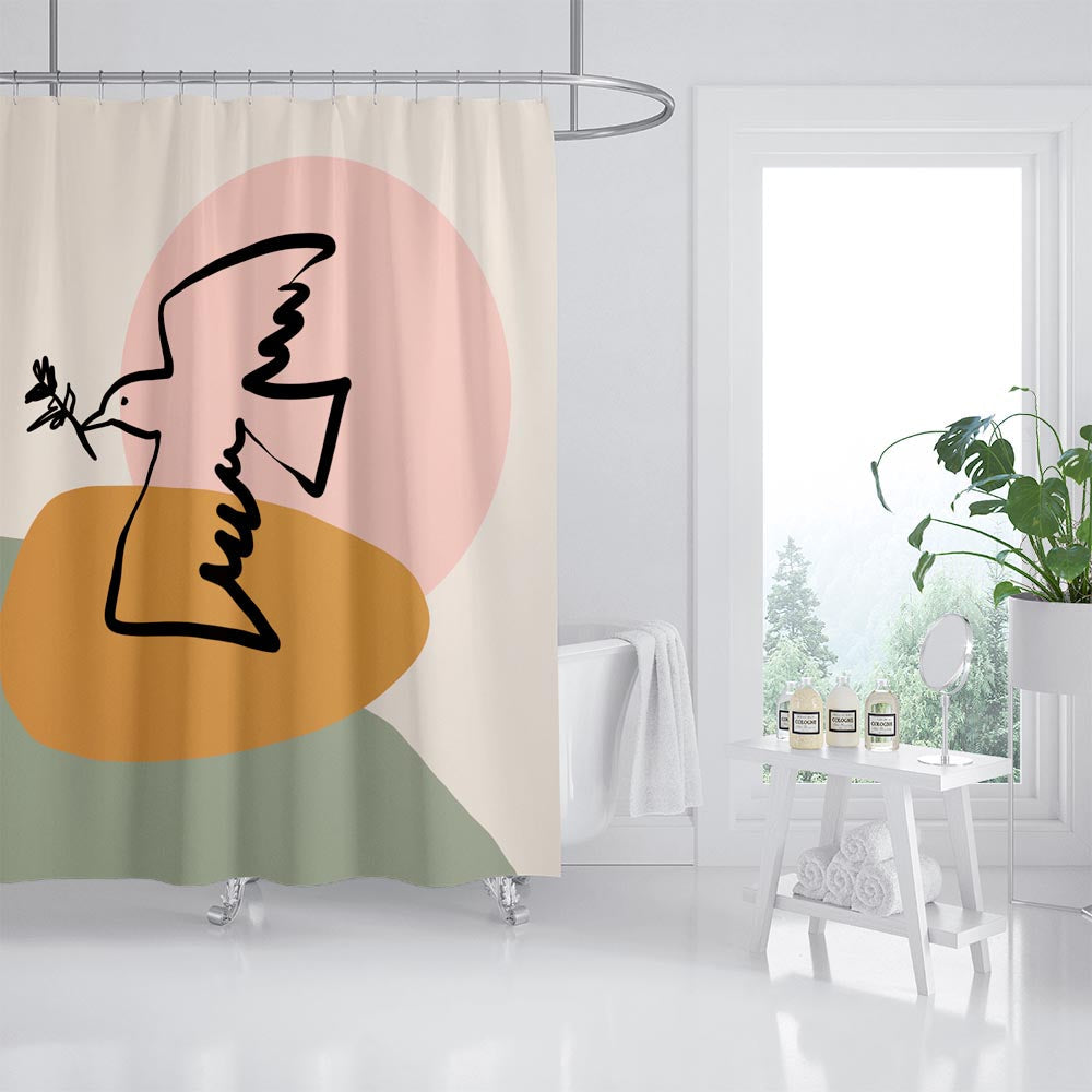 Feblilac Abstract Bird Stone and Mountain  with Hooks, Bathroom Curtains with Ring, Unique Bathroom décor, Boho Shower Curtain, Customized Bathroom Curtains, Extra Long Shower Curtain