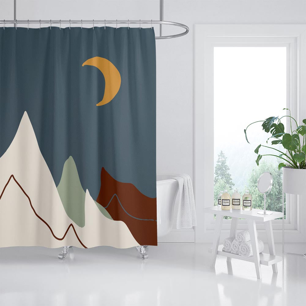Feblilac Abstract Mountain and Moon Shower Curtain with Hooks, Bathroom Curtains with Ring, Unique Bathroom décor, Boho Shower Curtain, Customized Bathroom Curtains, Extra Long Shower Curtain