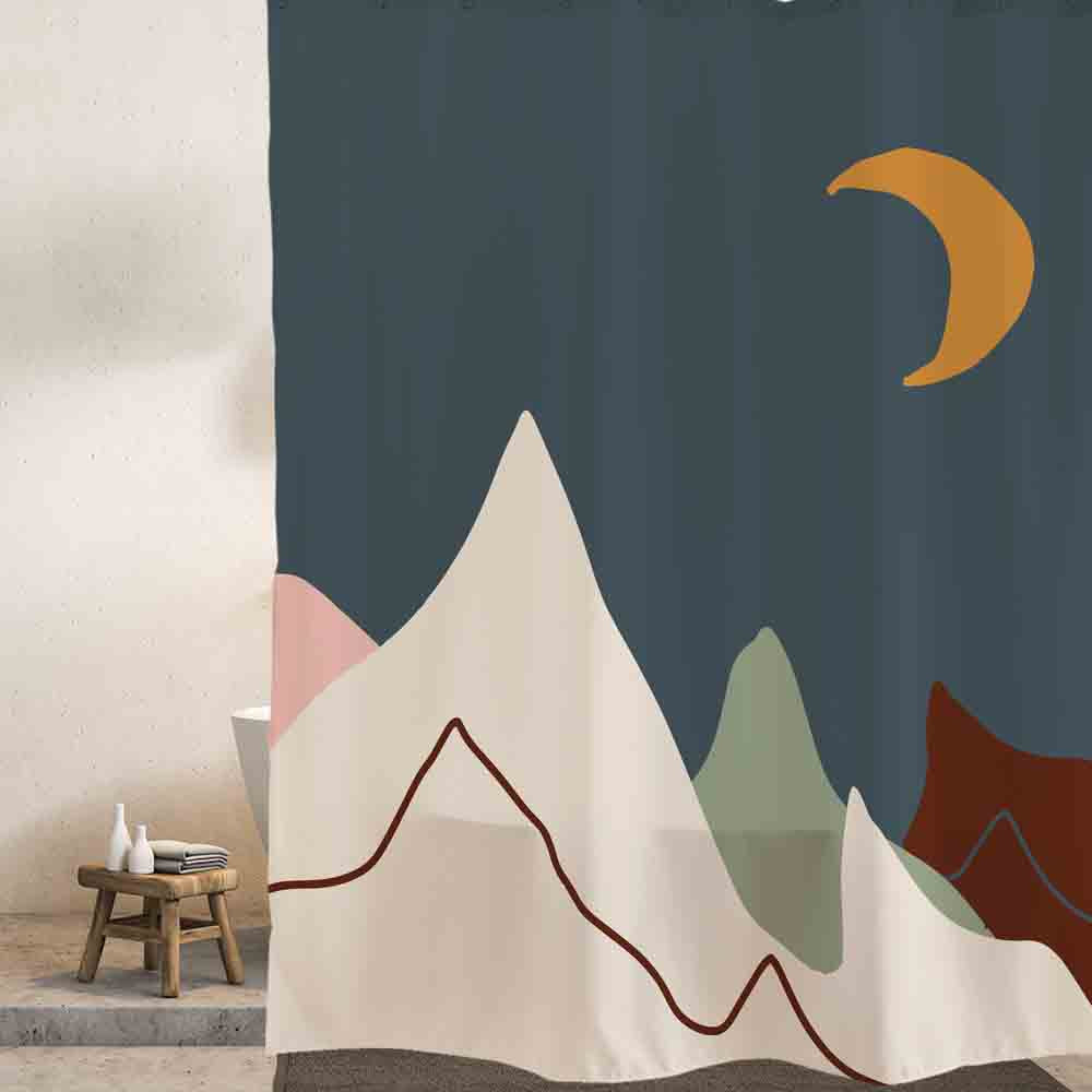 Feblilac Abstract Mountain and Moon Shower Curtain with Hooks, Bathroom Curtains with Ring, Unique Bathroom décor, Boho Shower Curtain, Customized Bathroom Curtains, Extra Long Shower Curtain