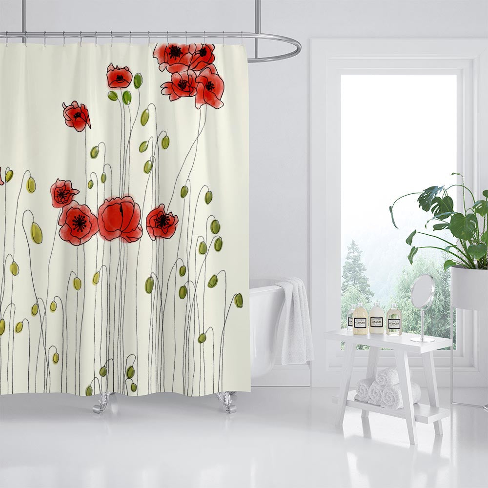 Feblilac Red Poppies Shower Curtain with Hooks, Art Bathroom Curtains with Ring, Unique Bathroom décor, Boho Shower Curtain, Customized Bathroom Curtains, Extra Long Shower Curtain
