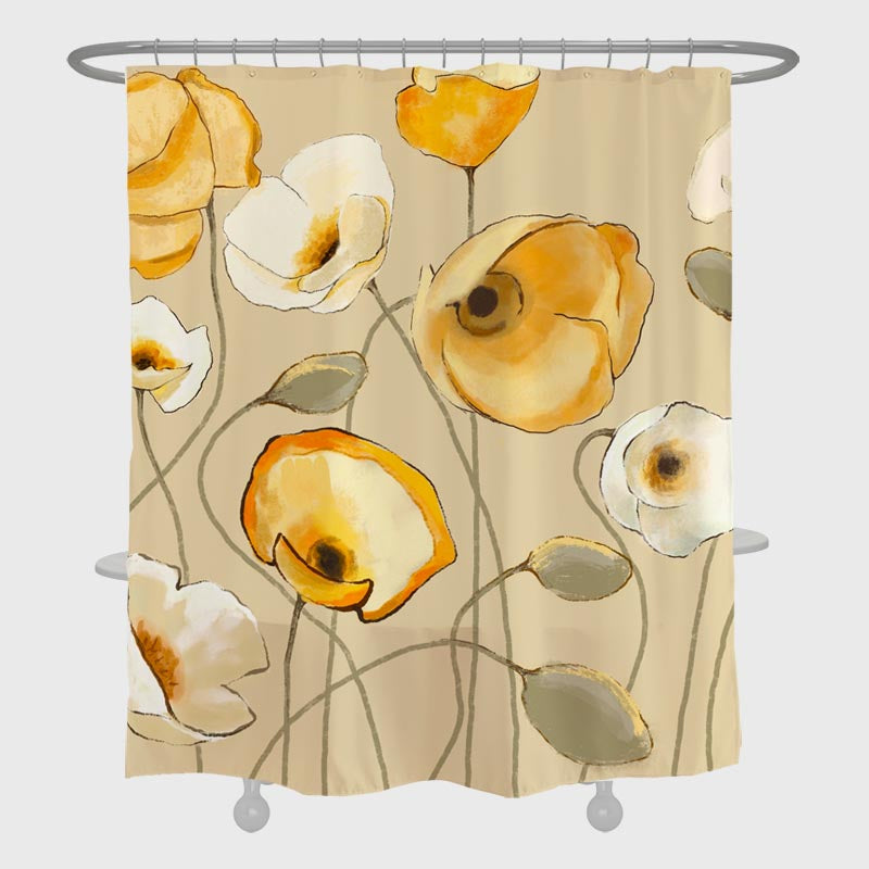 Feblilac Art Yellow and White Flowers Shower Curtain with Hooks, Art Bathroom Curtains with Ring, Unique Bathroom décor, Boho Shower Curtain, Customized Bathroom Curtains, Extra Long Shower Curtain