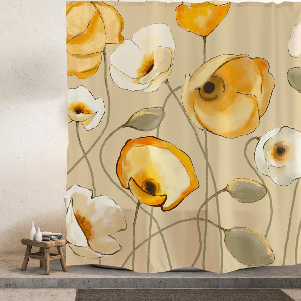Feblilac Art Yellow and White Flowers Shower Curtain with Hooks, Art Bathroom Curtains with Ring, Unique Bathroom décor, Boho Shower Curtain, Customized Bathroom Curtains, Extra Long Shower Curtain