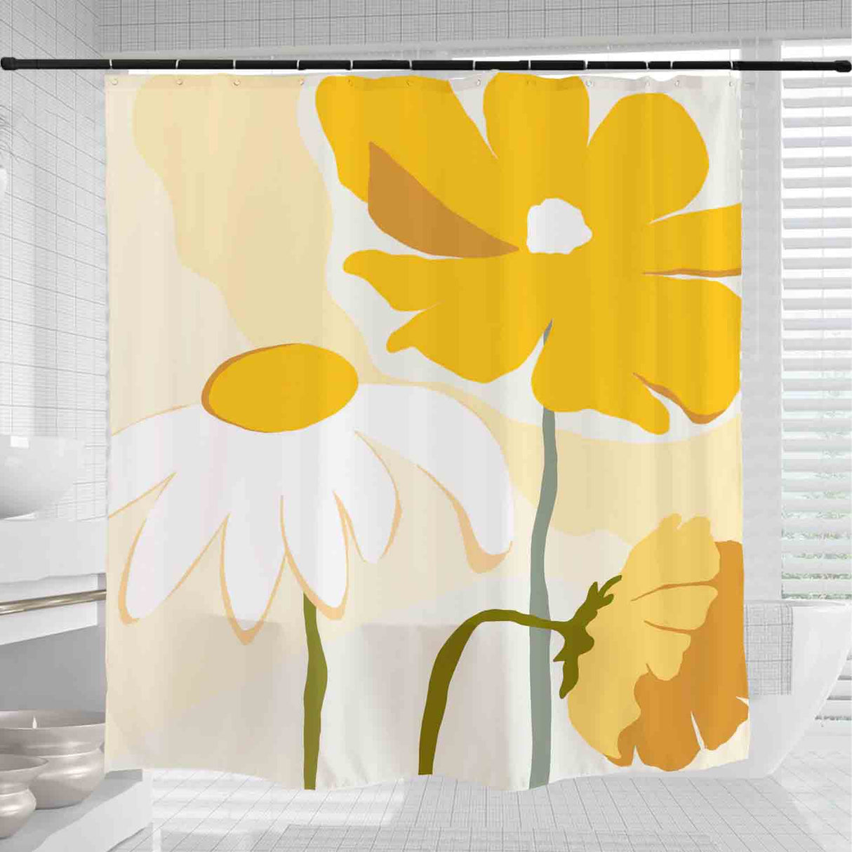 Feblilac Abstract Art Yellow and White Flowers Shower Curtain with Hooks, Art Bathroom Curtains with Ring, Unique Bathroom décor, Boho Shower Curtain, Customized Bathroom Curtains, Extra Long Shower Curtain