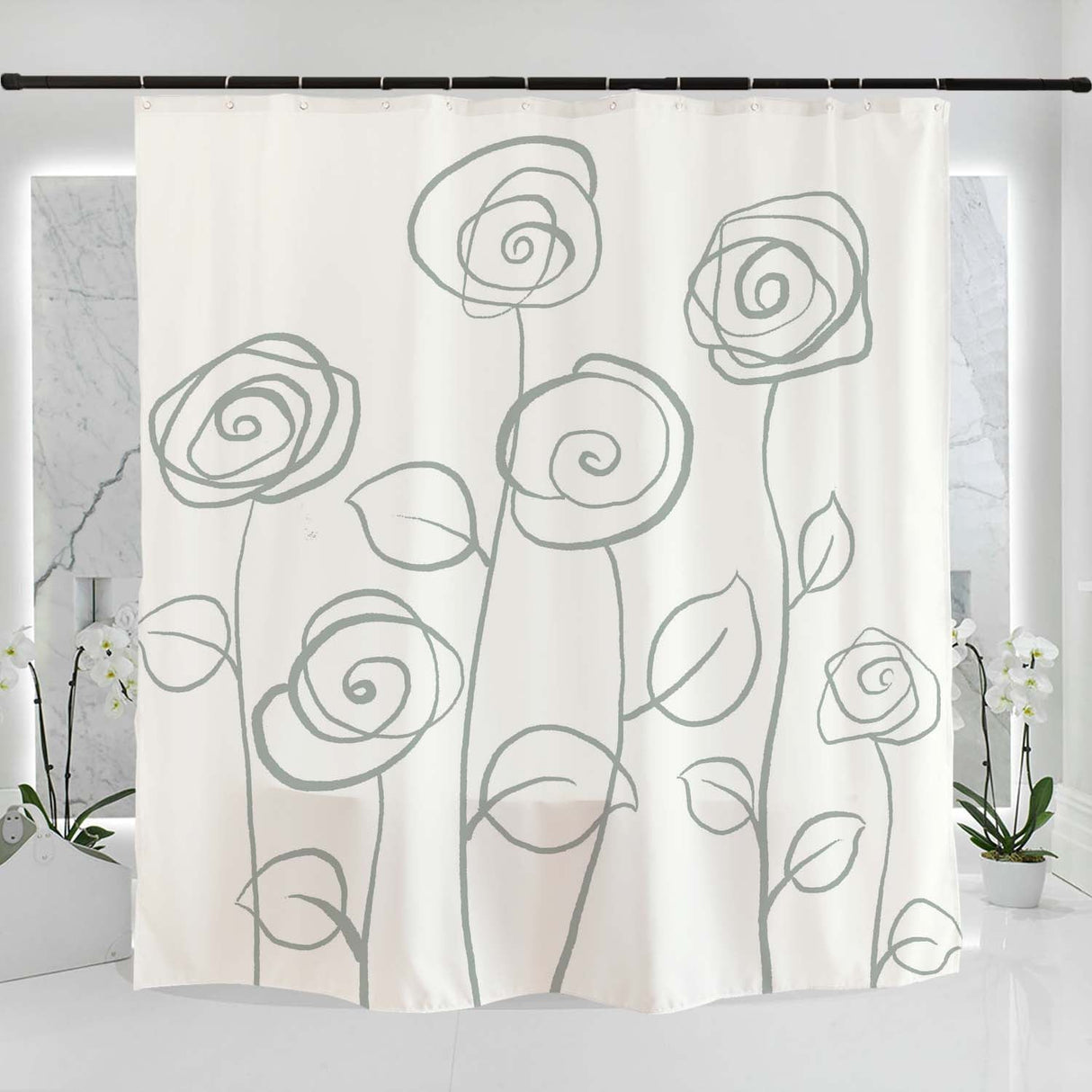 Feblilac Black and White Flower Curtain with Hooks, Line Art Bathroom Curtains with Ring, Unique Bathroom décor, Boho Shower Curtain, Customized Bathroom Curtains, Extra Long Shower Curtain