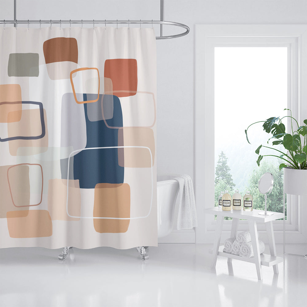 Feblilac Abstract Art Rectangles and Lines Shower Curtain with Hooks, Bathroom Curtains with Ring, Unique Bathroom décor, Boho Shower Curtain, Customized Bathroom Curtains, Extra Long Shower Curtain