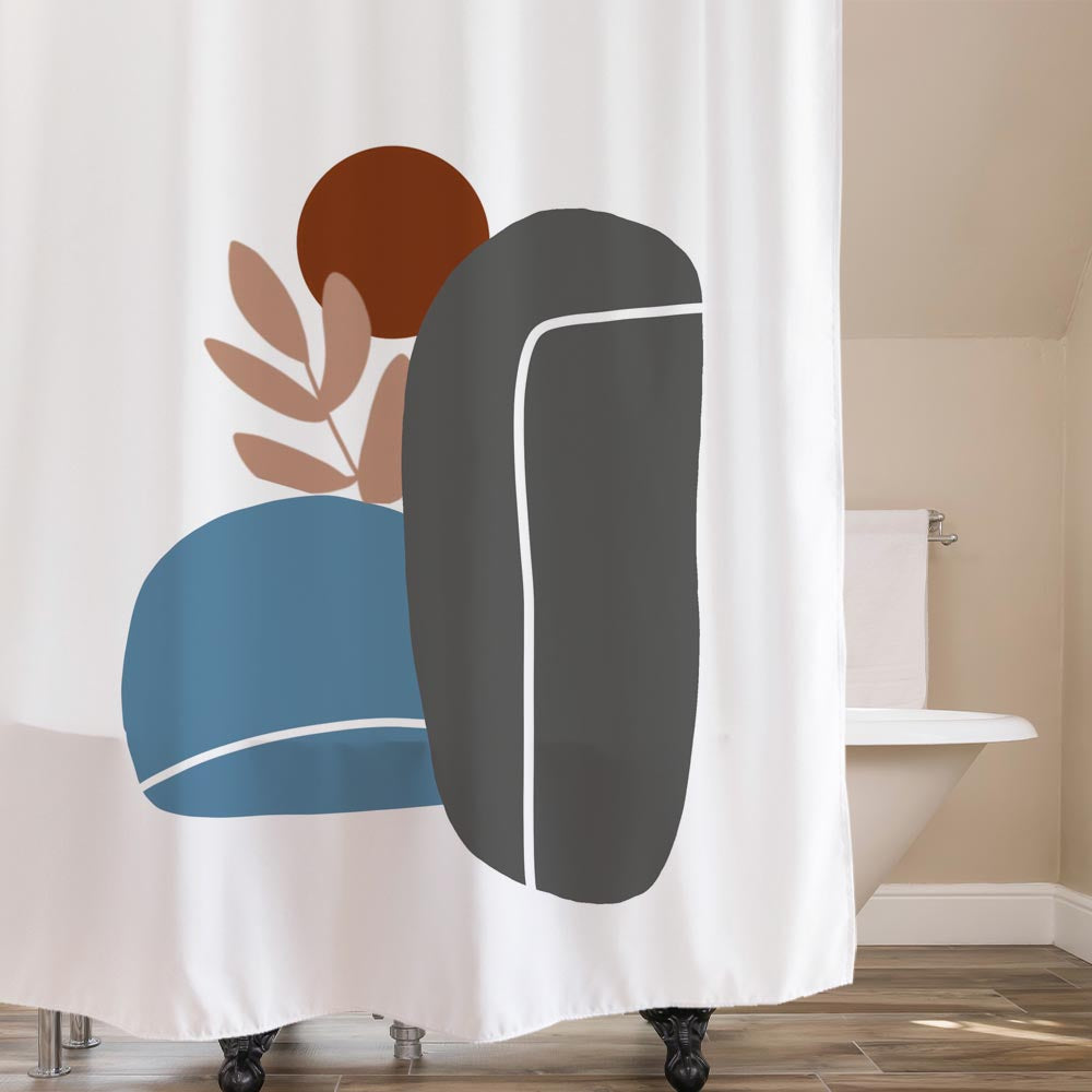 Feblilac Abstract Stone Leaves and Sun Shower Curtain with Hooks, Art Bathroom Curtains with Ring, Unique Bathroom décor, Boho Shower Curtain, Customized Bathroom Curtains, Extra Long Shower Curtain