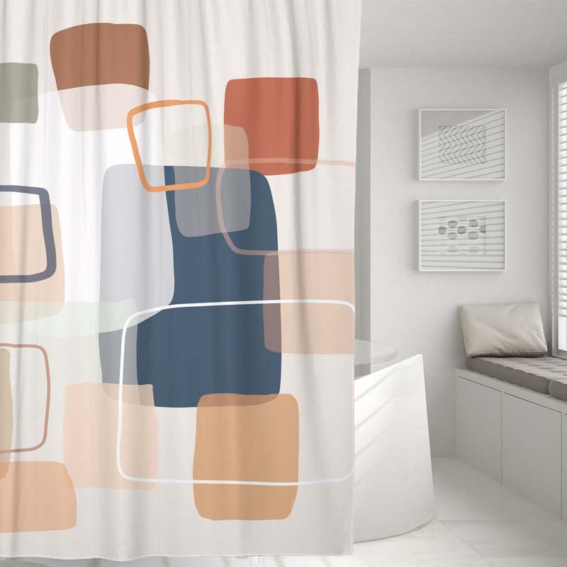 Feblilac Abstract Art Rectangles and Lines Shower Curtain with Hooks, Bathroom Curtains with Ring, Unique Bathroom décor, Boho Shower Curtain, Customized Bathroom Curtains, Extra Long Shower Curtain