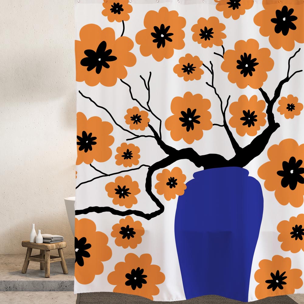 Feblilac Plum Blossom and Vase Shower Curtain with Hooks, Floral Bathroom Curtains with Ring, Unique Bathroom décor, Boho Shower Curtain, Customized Bathroom Curtains, Extra Long Shower Curtain