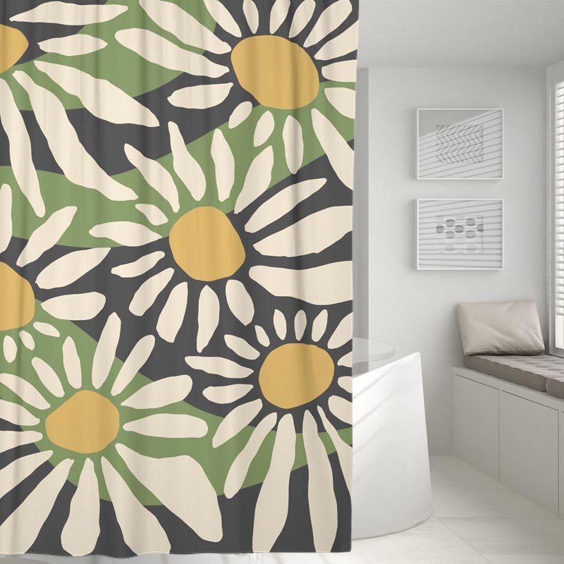 Feblilac Cute Daisy Grey and Green Ground Shower Curtain with Hooks, Floral Bathroom Curtains with Ring, Unique Bathroom décor, Boho Shower Curtain, Customized Bathroom Curtains, Extra Long Shower Curtain