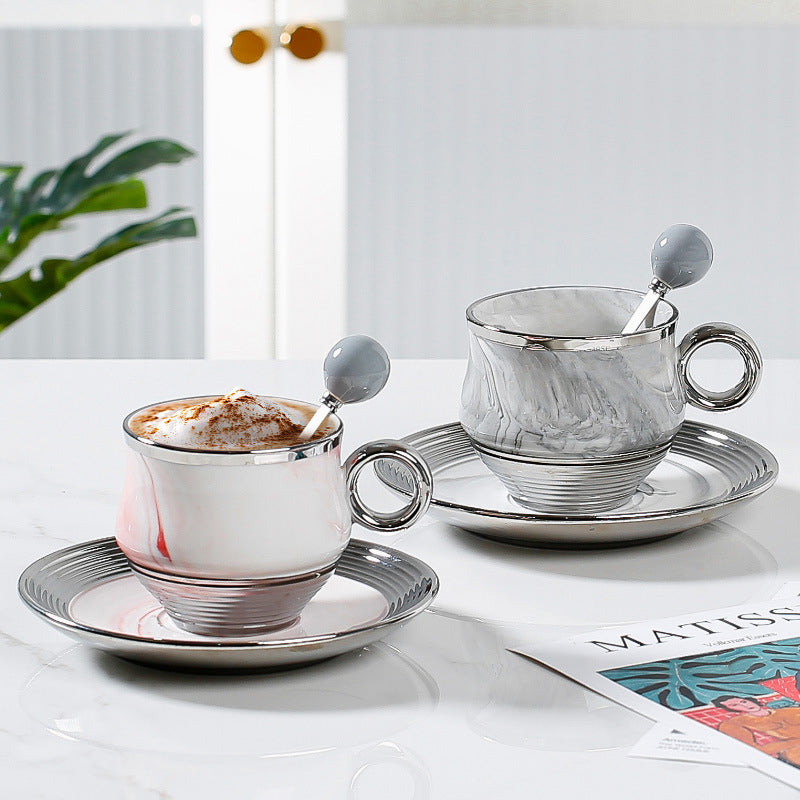 Marbled Grey Pink Coffee Cup And Saucer With Silver-plated Spoon