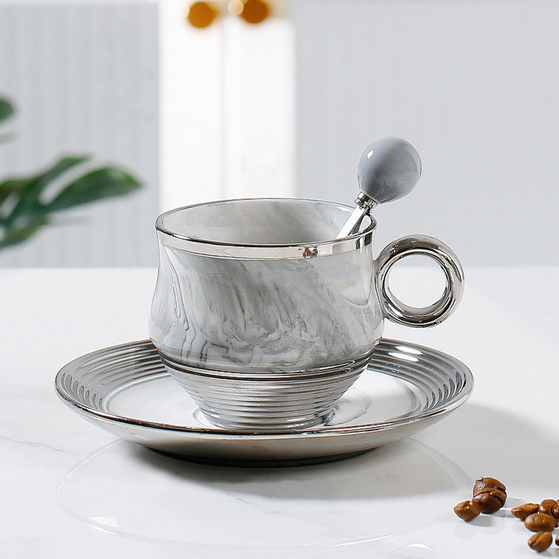 Marbled Grey Pink Coffee Cup And Saucer With Silver-plated Spoon