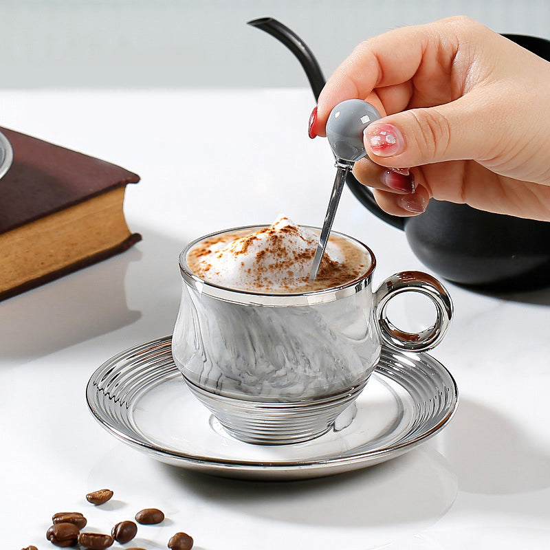 Marbled Grey Pink Coffee Cup And Saucer With Silver-plated Spoon