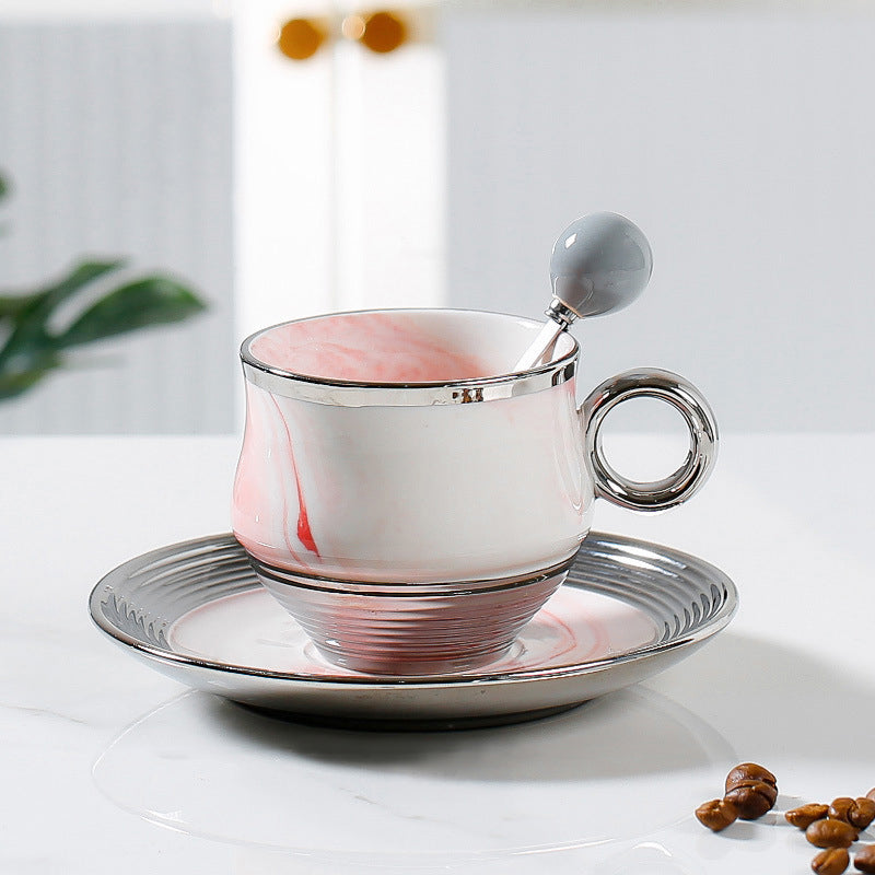 Marbled Grey Pink Coffee Cup And Saucer With Silver-plated Spoon