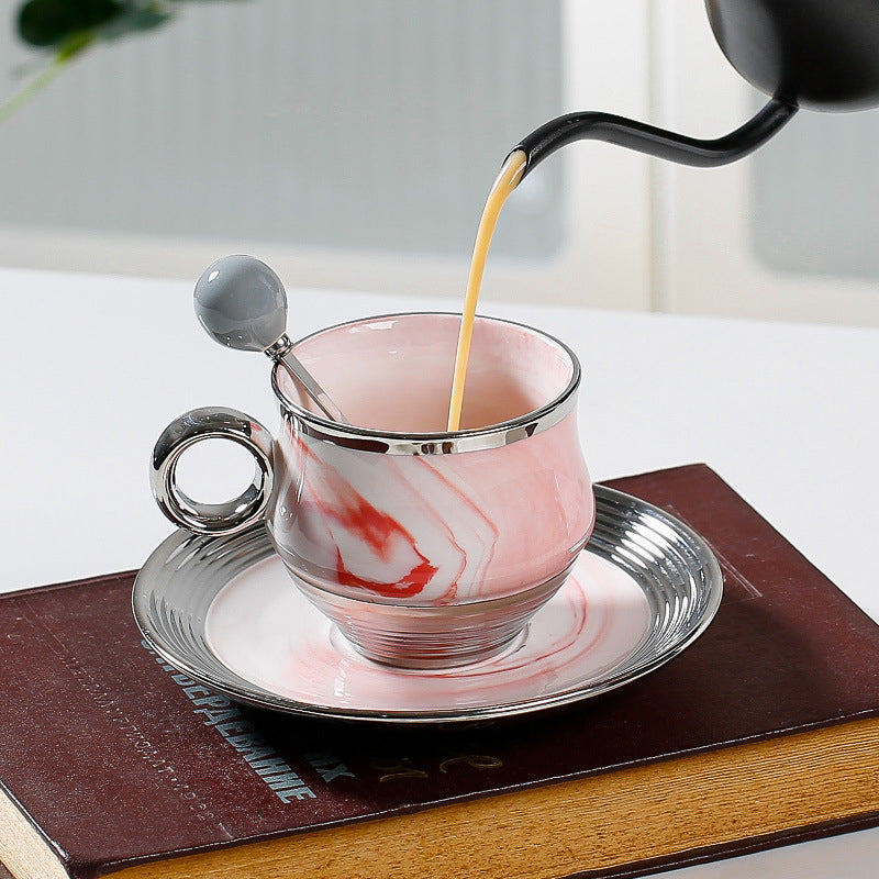 Marbled Grey Pink Coffee Cup And Saucer With Silver-plated Spoon