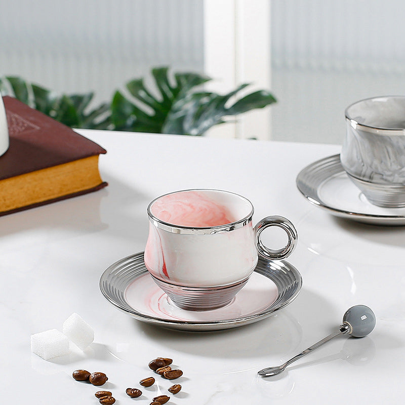 Marbled Grey Pink Coffee Cup And Saucer With Silver-plated Spoon