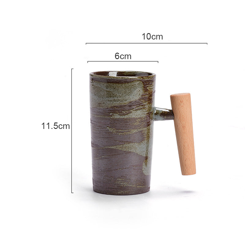 Large Retro Wooden Handle Ceramic Tea Mug