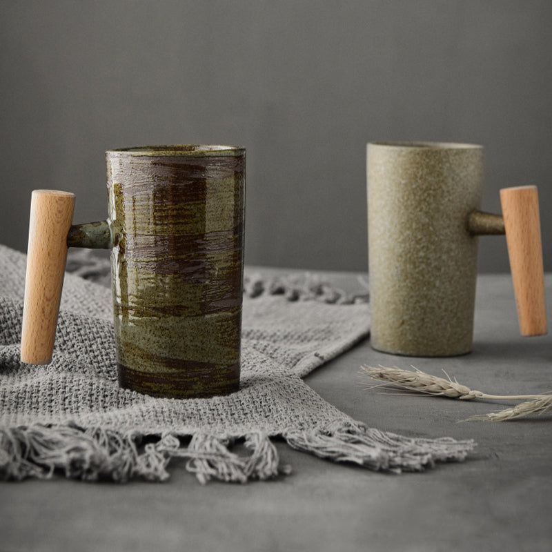 Large Retro Wooden Handle Ceramic Tea Mug