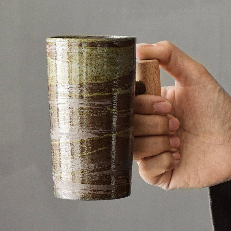 Large Retro Wooden Handle Ceramic Tea Mug