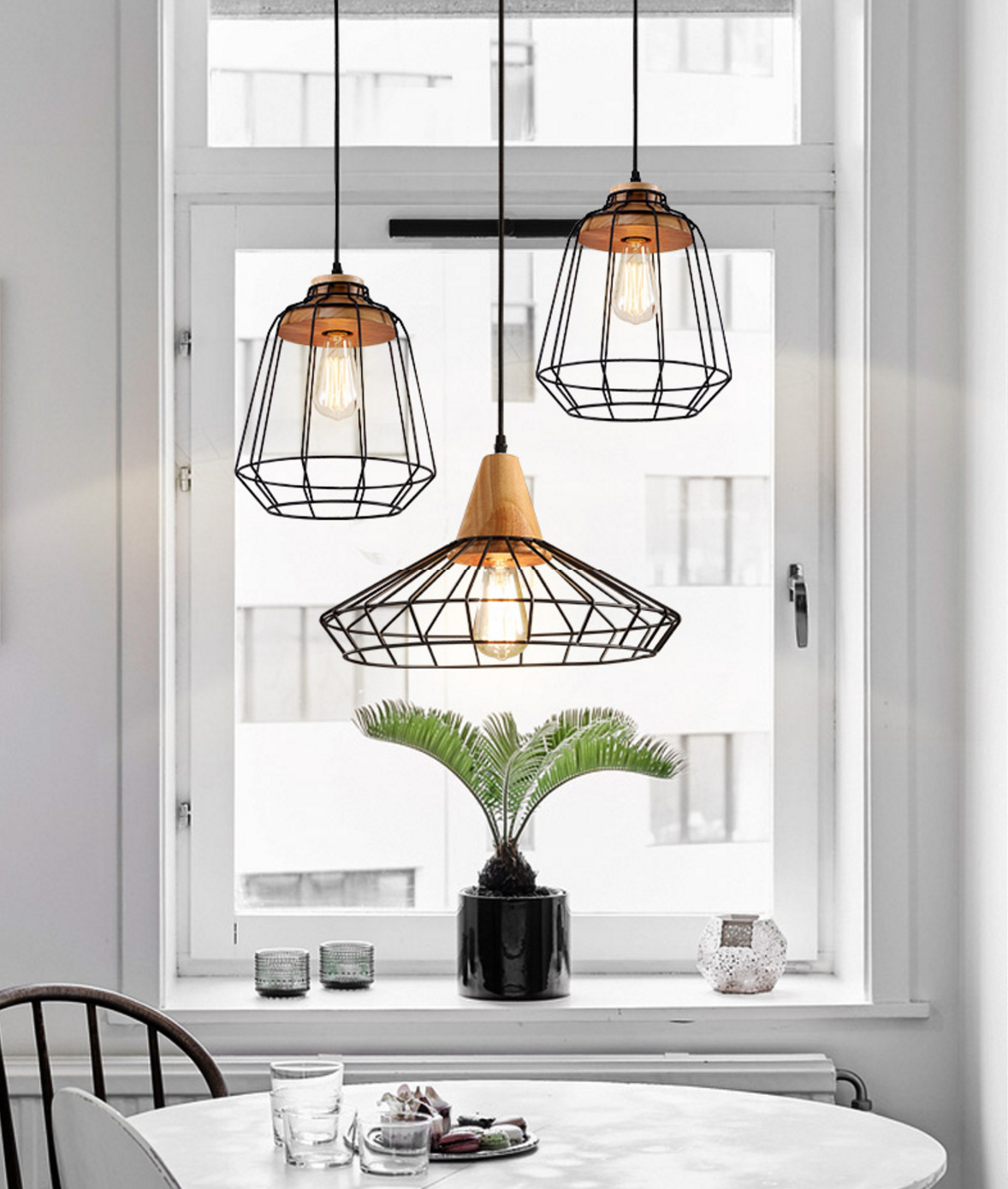 Sangkar Metal Cage Pendant Light With Wood Base