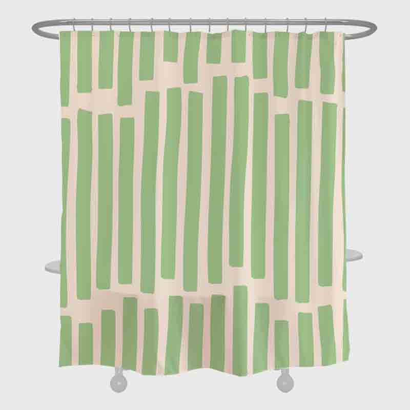 Feblilac Stripe Line Art Green Ground Shower Curtain with Hooks, Geometric Bathroom Curtains with Ring, Unique Bathroom décor, Boho Shower Curtain, Customized Bathroom Curtains, Extra Long Shower Curtain