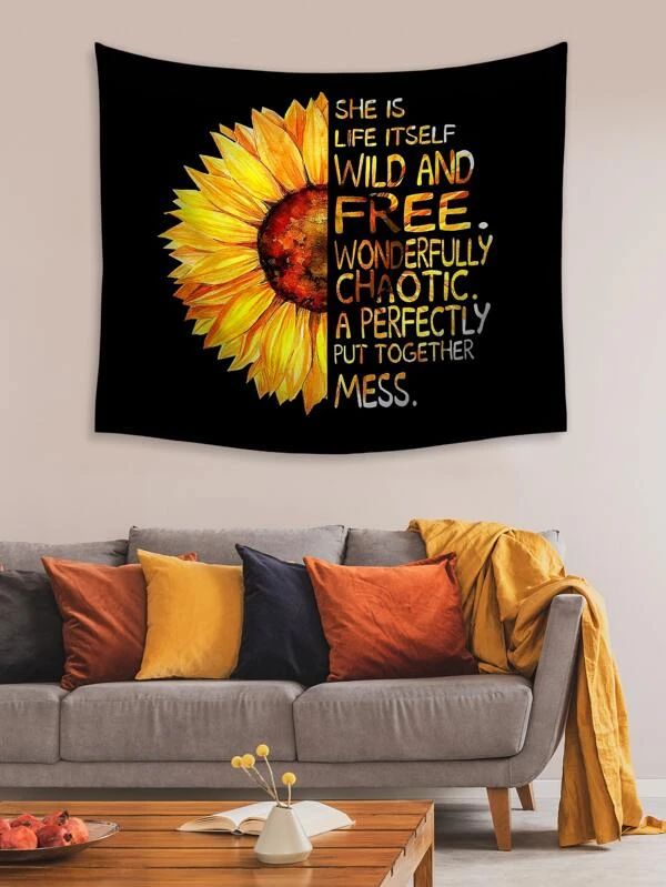 Sunflower & Slogan Graphic Tapestry