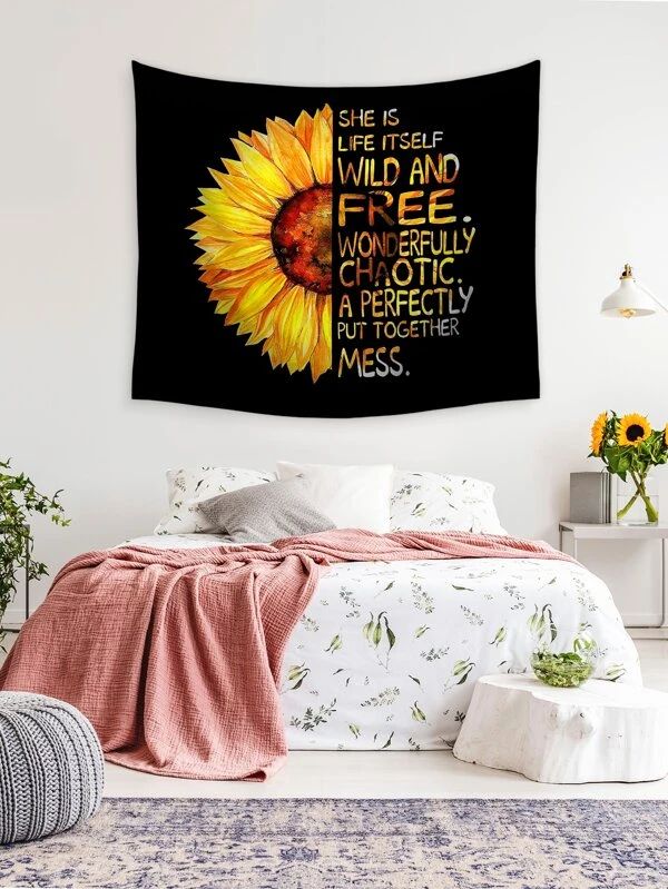 Sunflower & Slogan Graphic Tapestry
